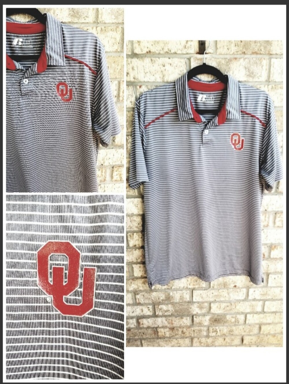 OKLAHOMA Sooners Gray White Stripe GOLF Polo Shirts (Men L) Russell *READ*